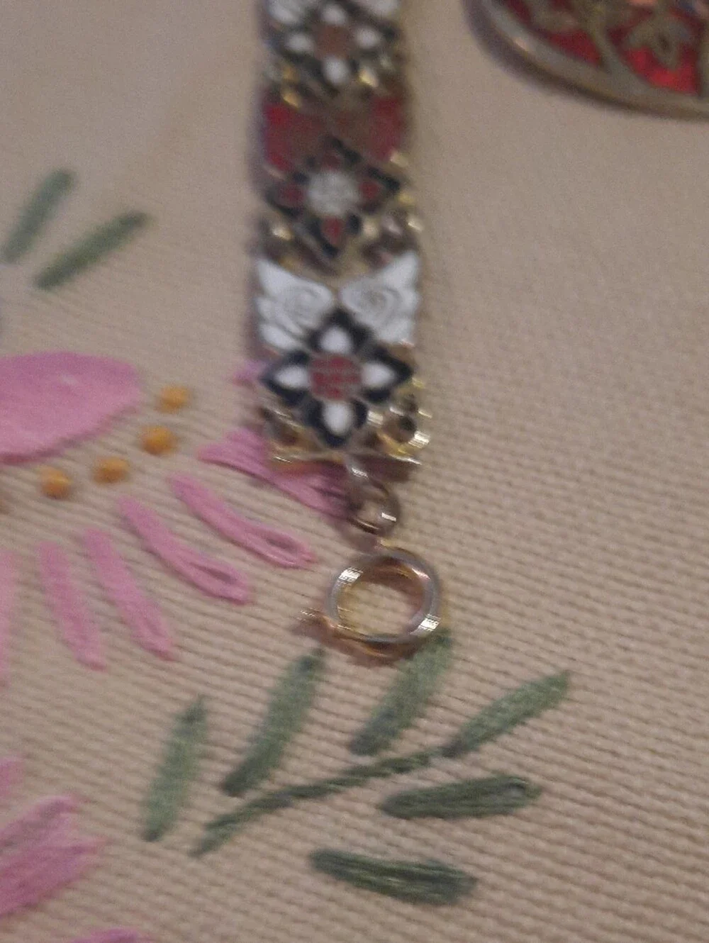 Red and White Floral Enamel Bracelet with Red Owl and Heart Enamel Pendants